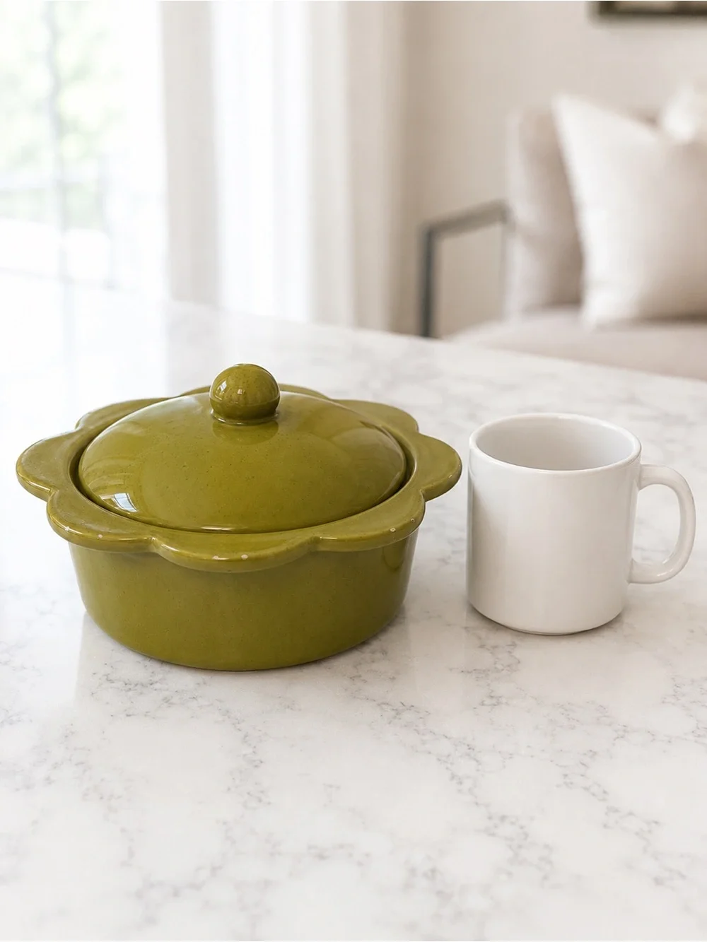 Flower Shaped Olive Green Ceramic Baking Vessel w/ Lid NWT Rustic Cottage